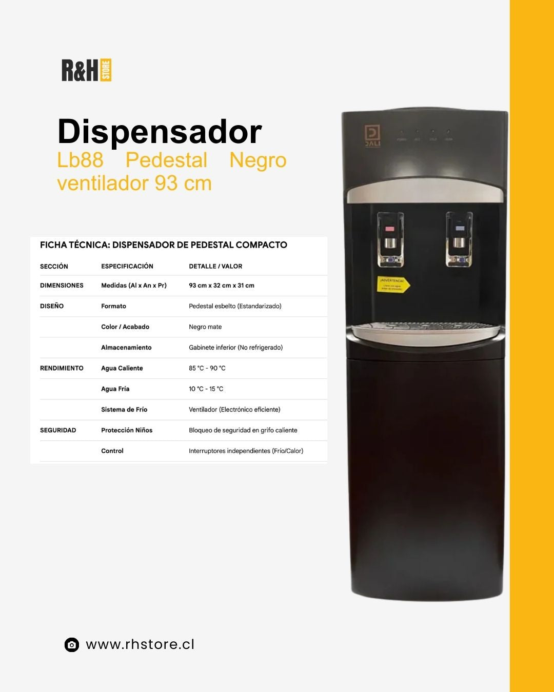 Dispensador de Agua Pedestal Negro Mate grande Ventilador LB-88 93 cm
