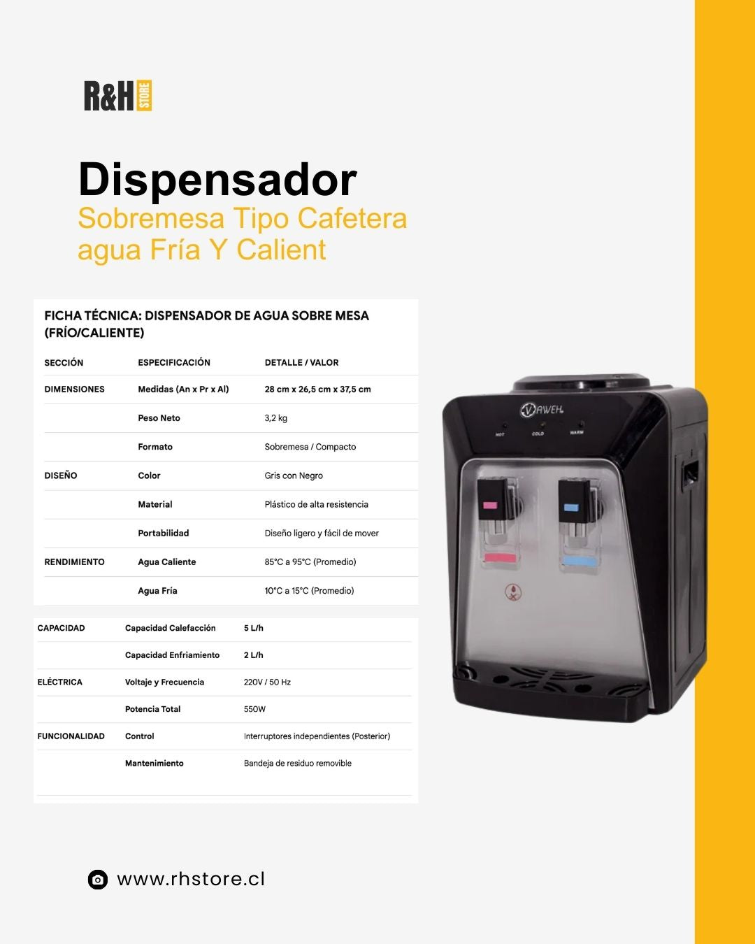 Dispensador Sobremesa negro plata agua Fría Y Caliente Vawhe
