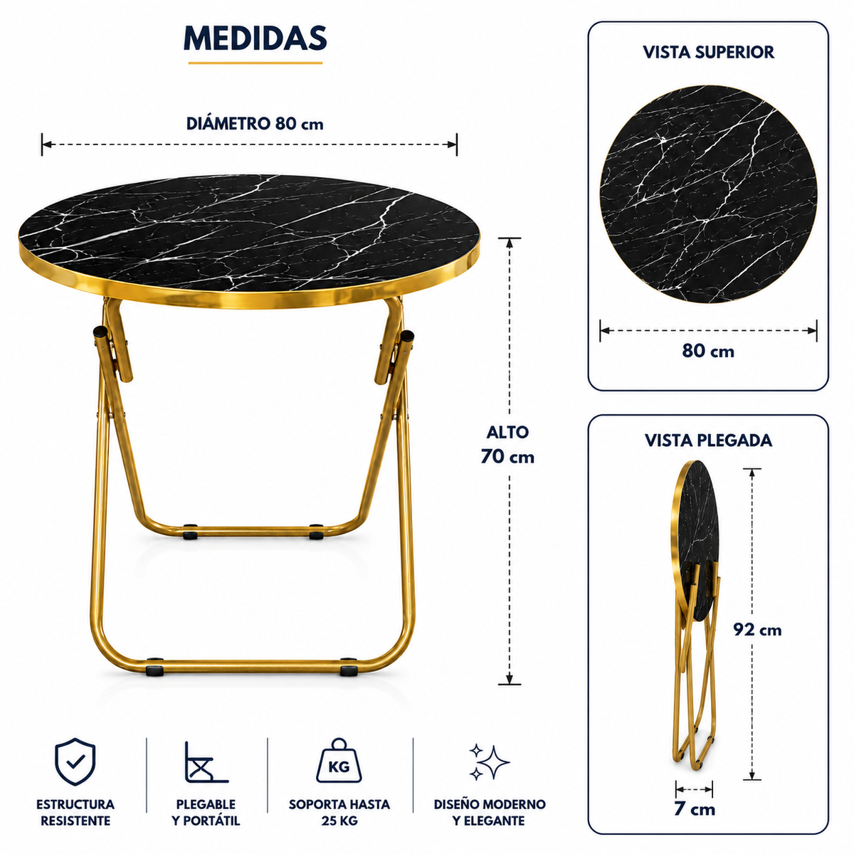Mesa Plegable Auxiliar Multiuso 80x80 Redonda Negra