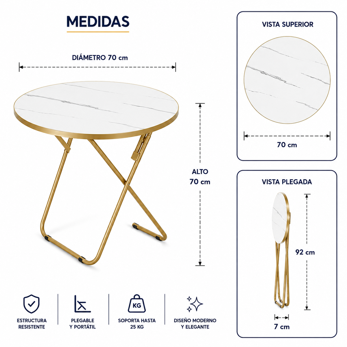 Mesa Plegable Auxiliar Multiuso 70x70 Redonda Blanca