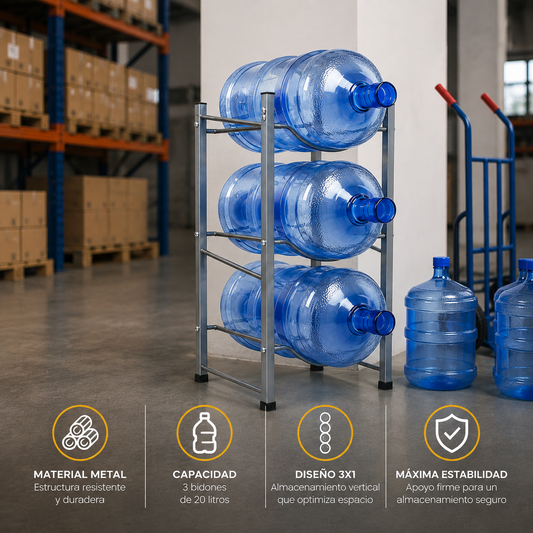 Rack Organizador 3 Botellones de Agua 20 Litros Negro