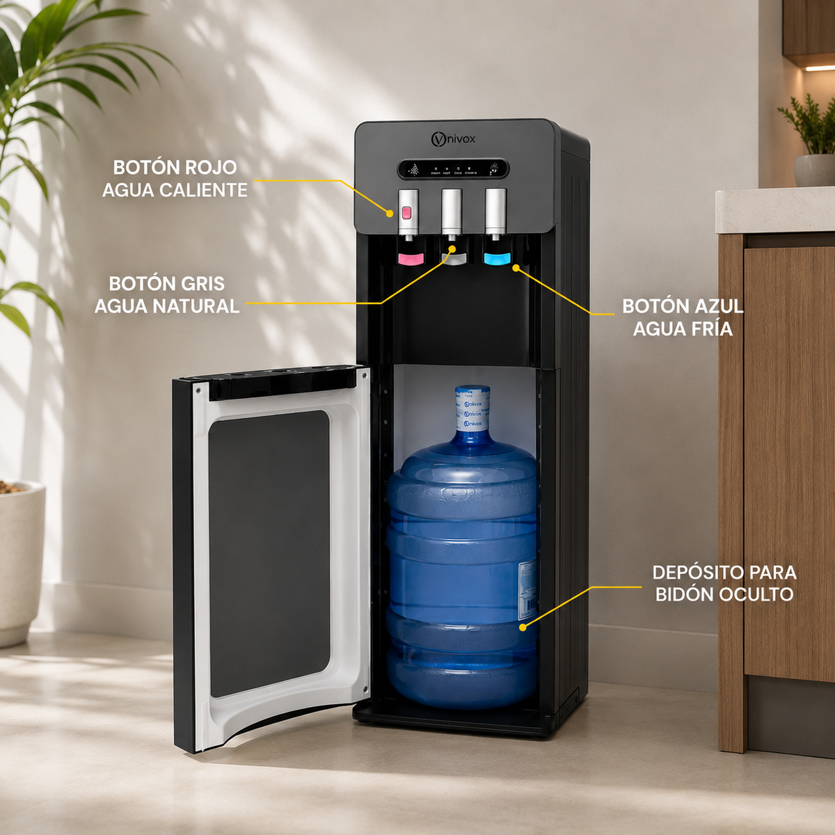 Dispensador de Agua Bidón Oculto 3 Llaves Negro