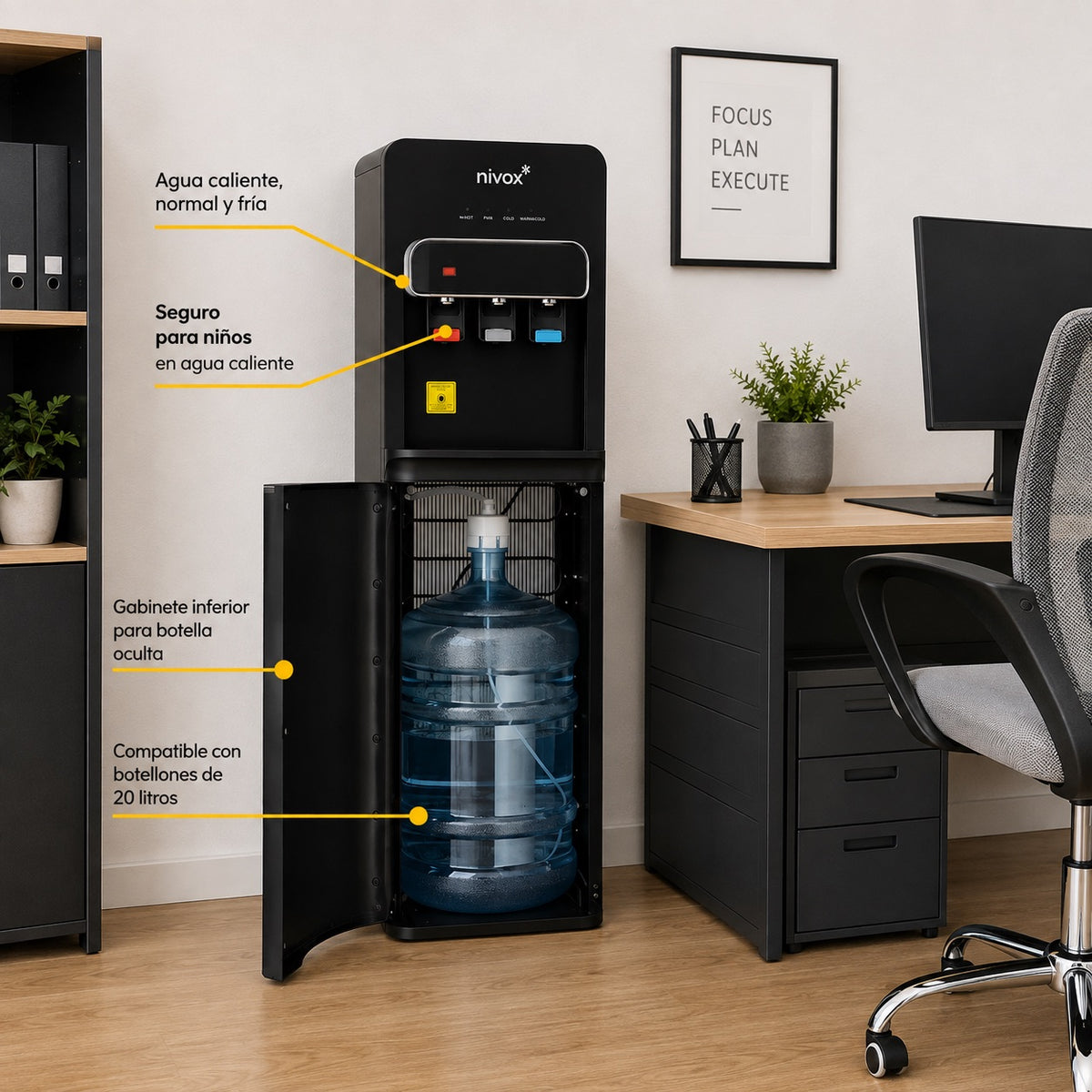 Dispensador de Agua Bidón Oculto con Compresor Negro Nivox