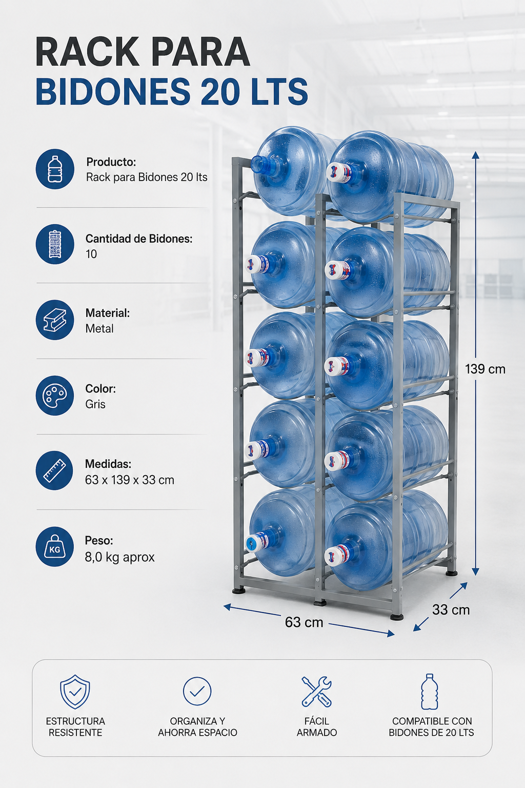 Estante Organizador Rack 10 Botellones Bidones Agua 20lts