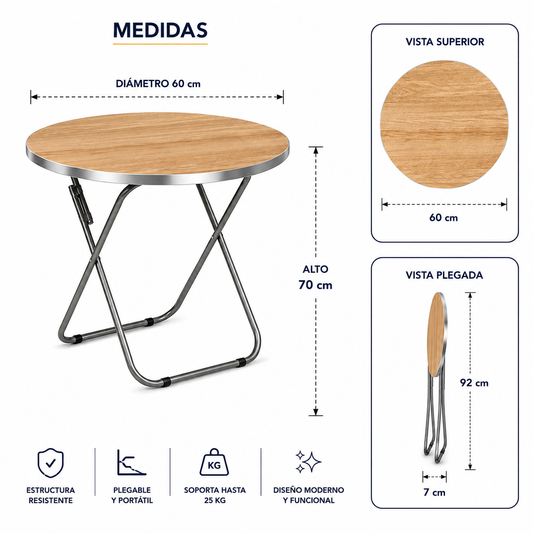 Mesa Plegable Auxiliar Multiuso 80x80 Redonda Marrón