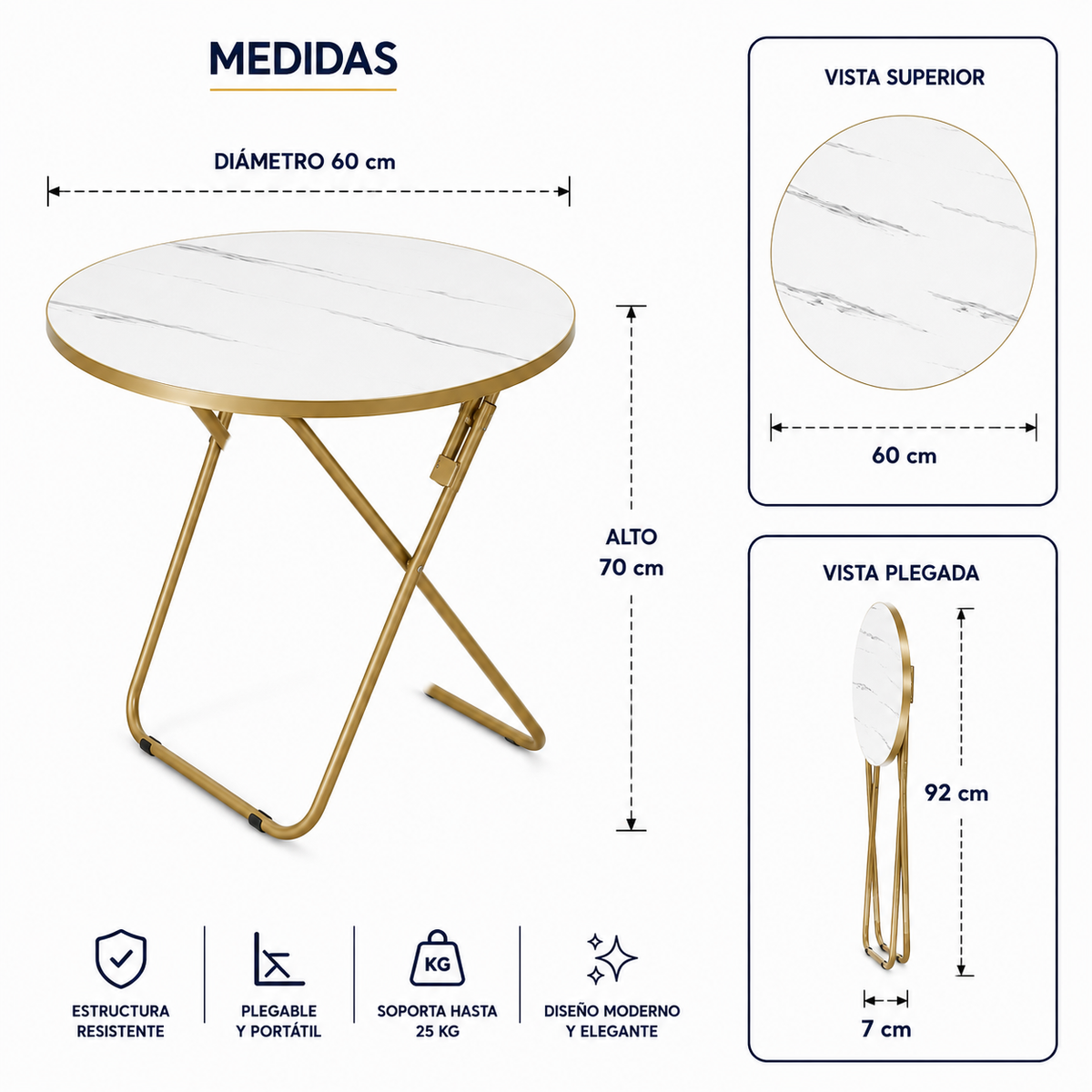 Mesa Plegable Auxiliar Multiuso 60x60 Redonda Blanca