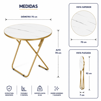 Mesa Plegable Auxiliar Multiuso 70x70 Redonda Blanca