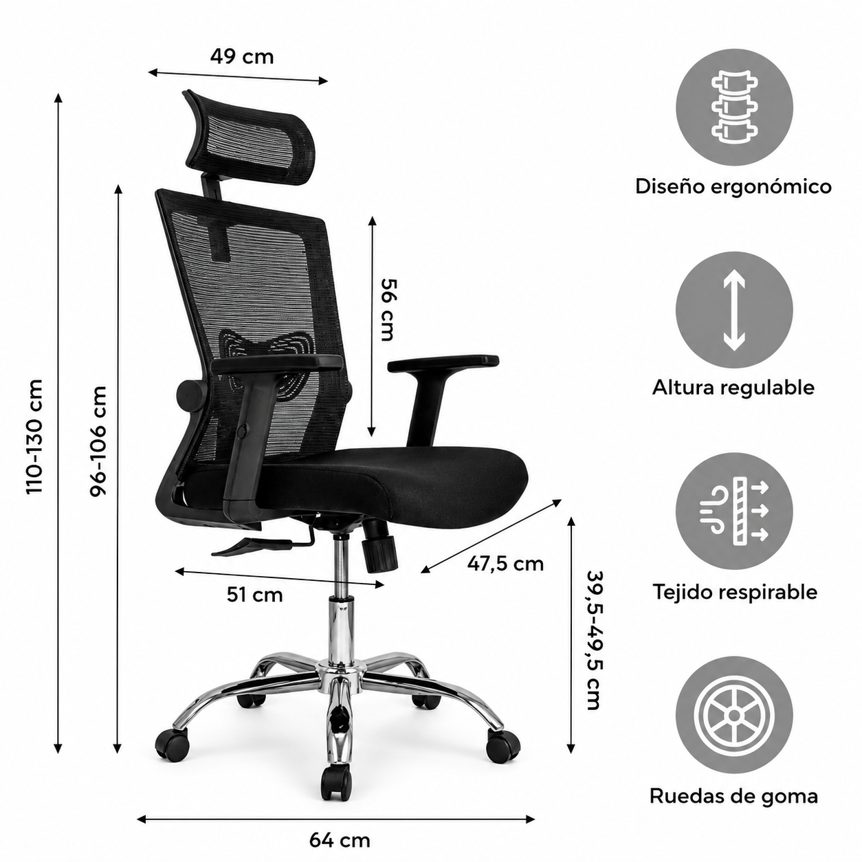 Silla De Escritorio Cuba Alta Regulable Y Cabecero Negro Tela