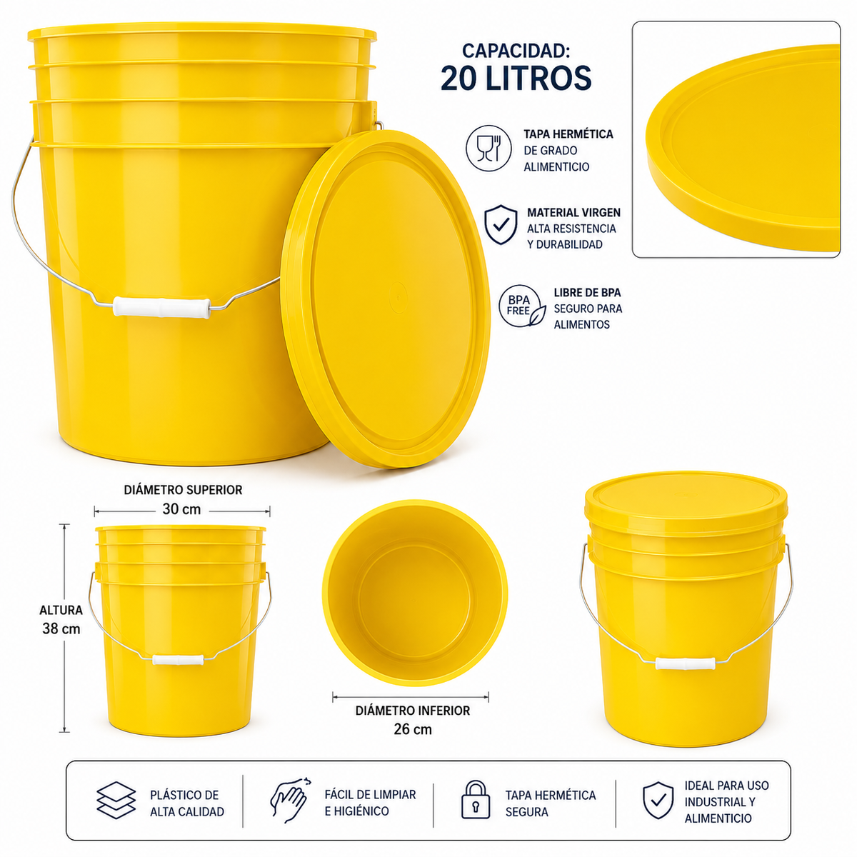 Balde de colores Liso 20 Litros Con Tapa, Con Mango, Sin Olor