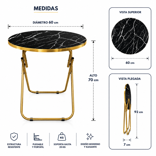 Mesa Plegable Auxiliar Multiuso 60x60 Redonda Neg